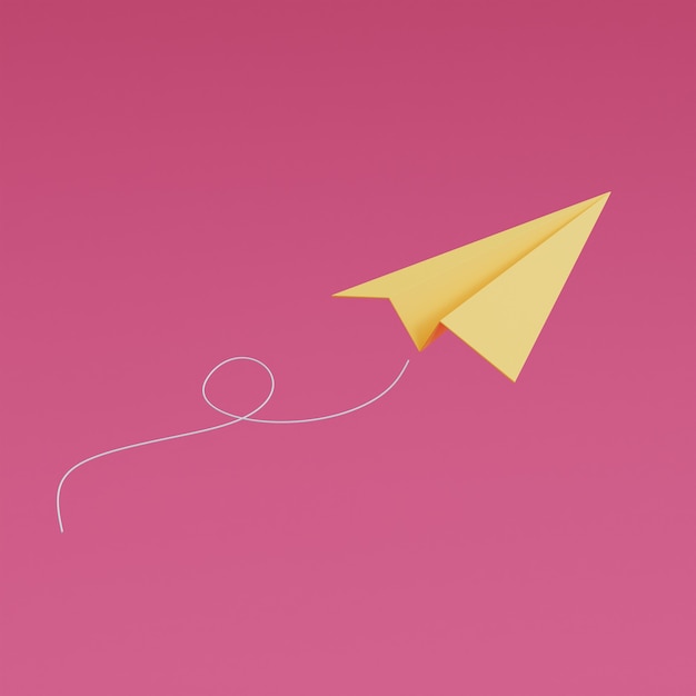 Yellow paper plane flying on pink background