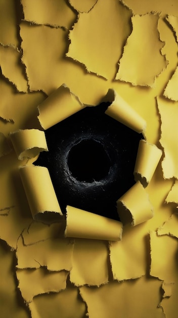 Photo yellow paper torn up with a black hole in the middle