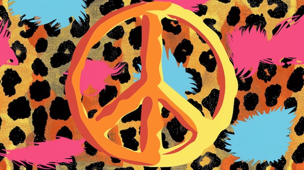 Photo a yellow peace symbol on an orange and black leopard print background with blue and pink splashes