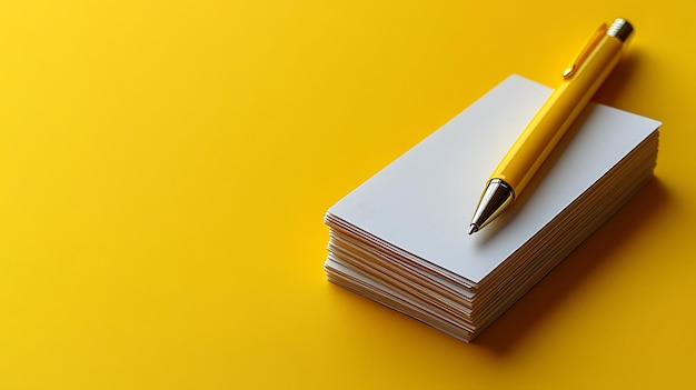 Photo a yellow pen laying on a stack of blank white business cards against a yellow background