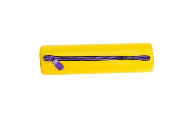 Yellow pencil case with purple zipper isolated on a white background Flat lay