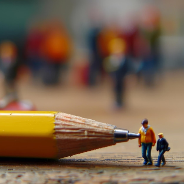 a yellow pencil with a man on it is on a table