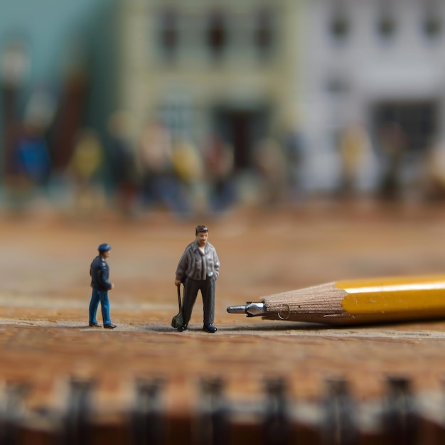 a yellow pencil with a man in the middle and a blue shirt on the back