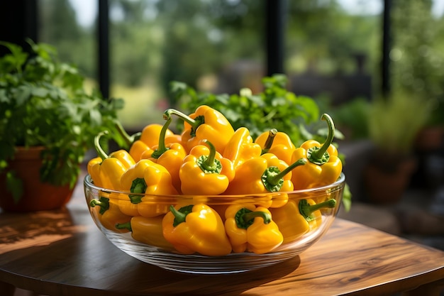 yellow peppers in clear glass bowl on wooden table behind blurred green background