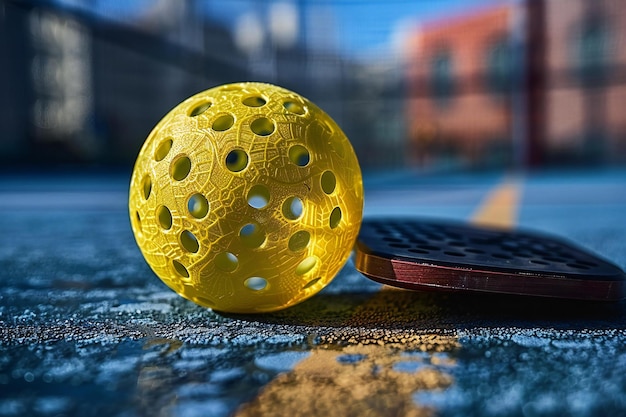 A yellow pickleball on the floor of an outdoor court with a black wooden paddle next to it captured