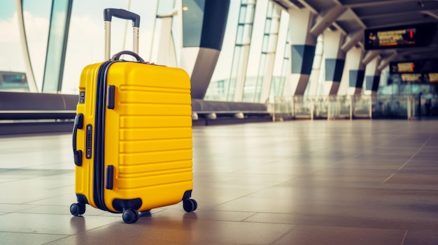 Yellow piece of luggage sitting on tile floor in airport terminal Generative AI