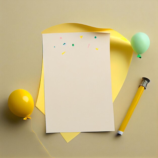 A yellow piece of paper with a pencil and a yellow paper with confetti on it.