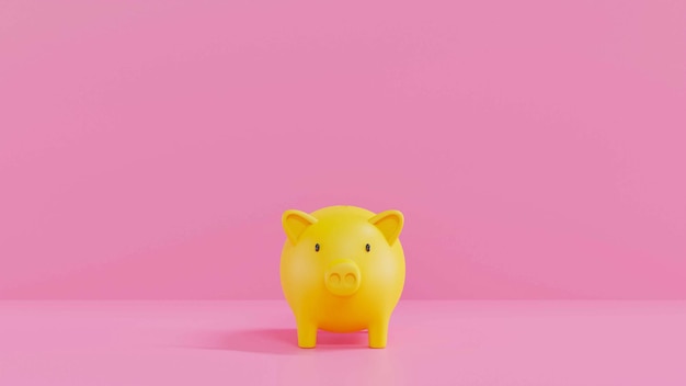 Yellow Piggy Bank on Pink background 3D rendering savings money concept Pink background