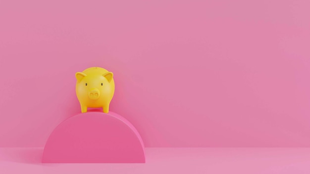 Yellow Piggy Bank on a podium with pink background 3D rendering saving money concept Pink background