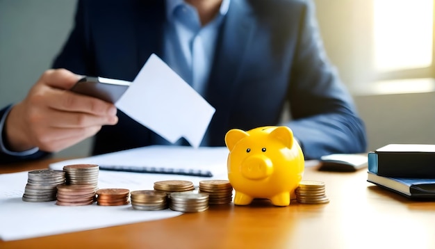 a yellow piggy bank sits on a desk with a man in a suit and a pen in the middle of it