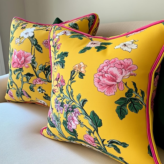 Photo a yellow pillow with pink flowers on it sits on a couch