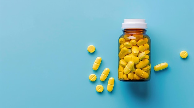 Yellow Pills in a Bottle on a Blue Background