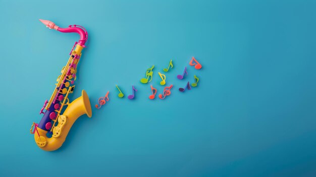 Photo a yellow pink and blue toy saxophone with colorful musical notes coming out of it