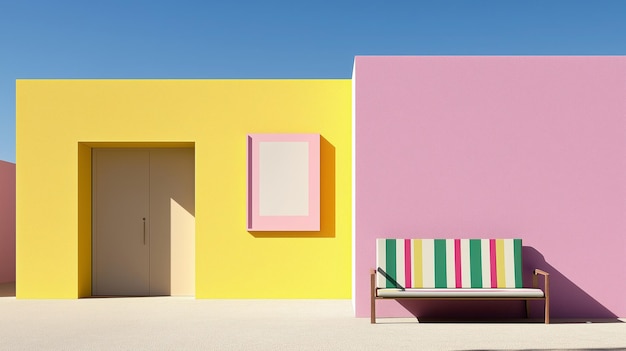 Photo a yellow and pink building with a pink bench in front of it