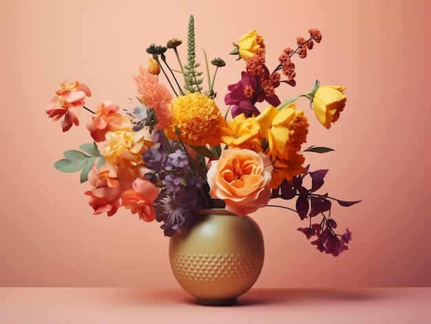 Yellow and pink flowers are in a vase