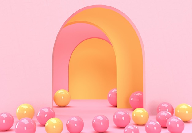 yellow and pink spheres fly out of a pink arch on the yellow background of a pink wall 3d render