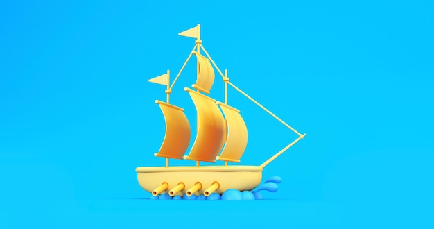 yellow pirate ship in blue background 3d render