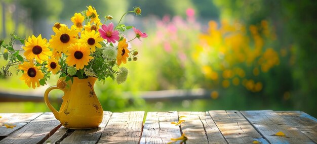 Photo yellow pitcher with flowers on wooden table