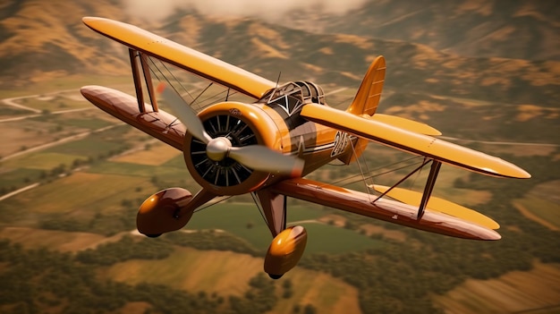 A yellow plane flying over a valley with mountains in the background.