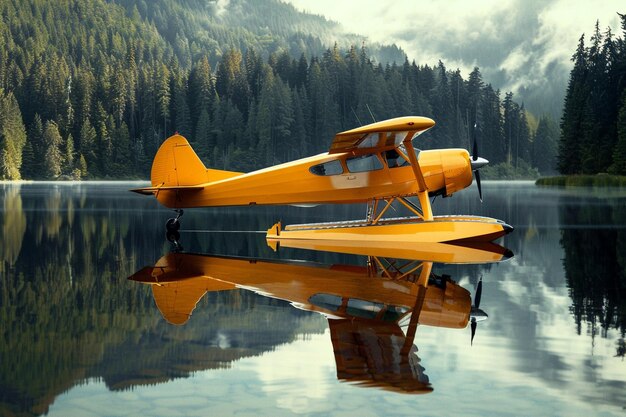 Photo a yellow plane is floating on a lake with a mountain in the background