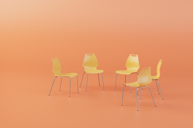 Yellow plastic chairs arranged in a circle on a pastel background 3D render