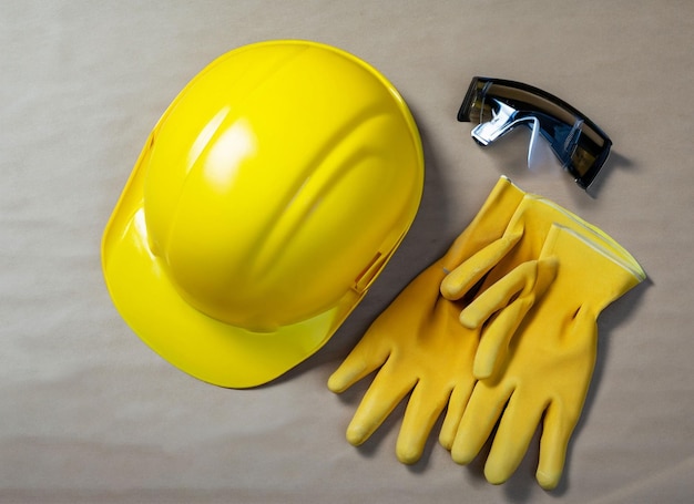 Yellow plastic hard hat glasses and protective gloves laying on plywood Safe labor concept