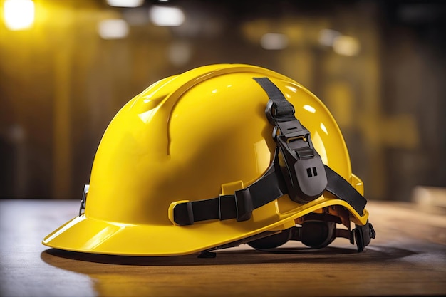 yellow plastic helmet for workers security lie on windowsill of window frame