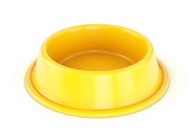 Yellow Plastic pet bowl for dogs or cats isolated on white background. 3D illustration