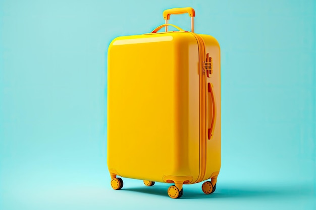 Yellow plastic travel suitcase on blue background