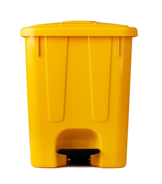 Yellow plastic waste bin isolated on white