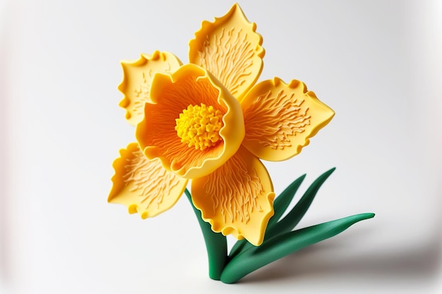 Yellow plasticine flower with green leaves isolated on white background created with generative ai