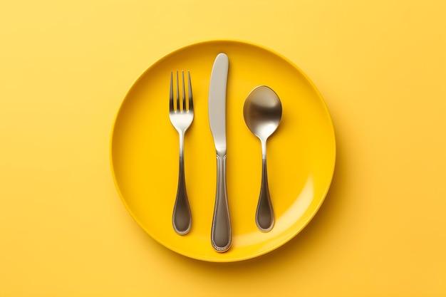 A yellow plate with a fork spoon and a spoon on it