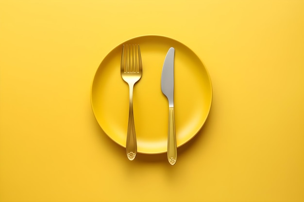 A yellow plate with a knife and fork on it