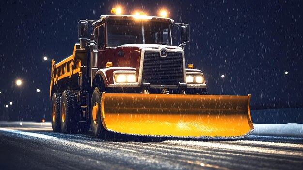 Photo a yellow plow with the headlights on