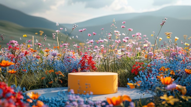 yellow podium on beautiful wildflowers meadow background for product presentation