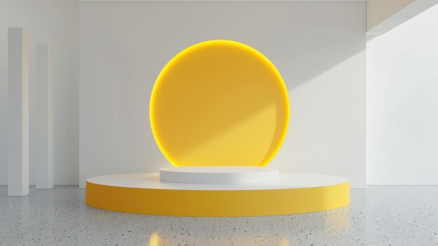 Yellow podium on white backdrop minimalist 3D design product display mockup clean and modern showroom high contrast soft lighting sleek style empty space