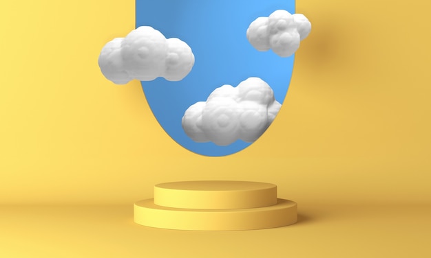 Yellow podium with white clouds flying through the window. 3d rendering.