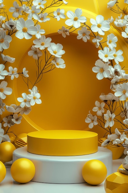 Yellow podium with white flowers and gray background creative spring floral scene