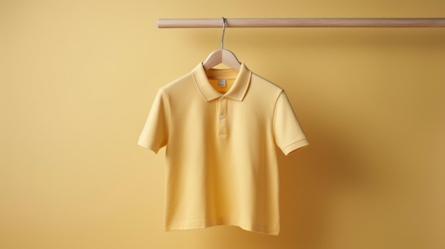 Yellow Polo Shirt Hanging on Wooden Hanger Against Yellow Background