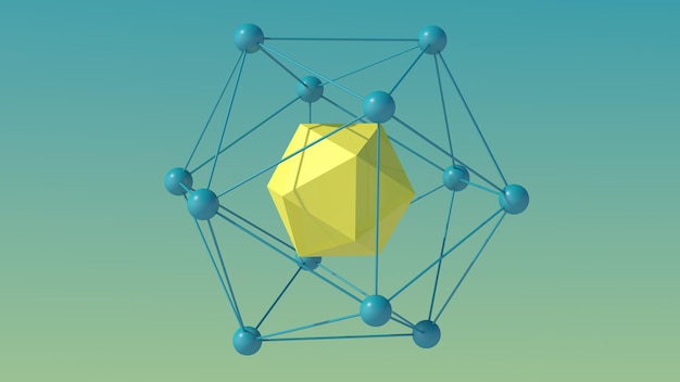 Yellow polyhedron and blue mesh Abstract illustration 3d render