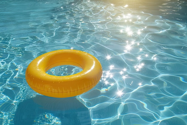 Yellow pool float ring floating in a refreshing blue swimming pool