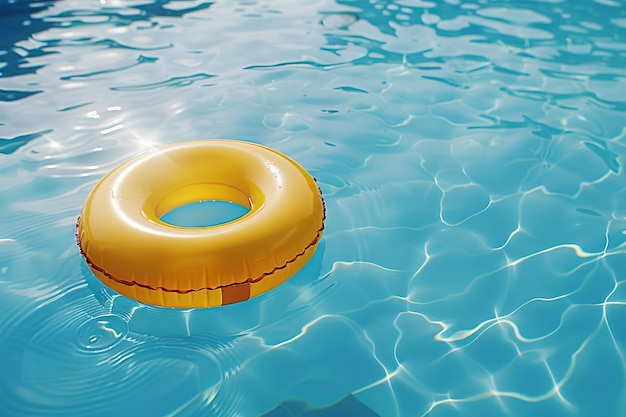 Yellow pool float ring floating in a refreshing blue swimming pool