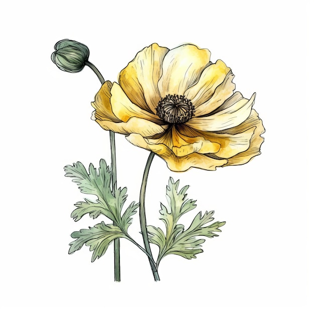 Yellow Poppy Flower Watercolor Painting On White Background