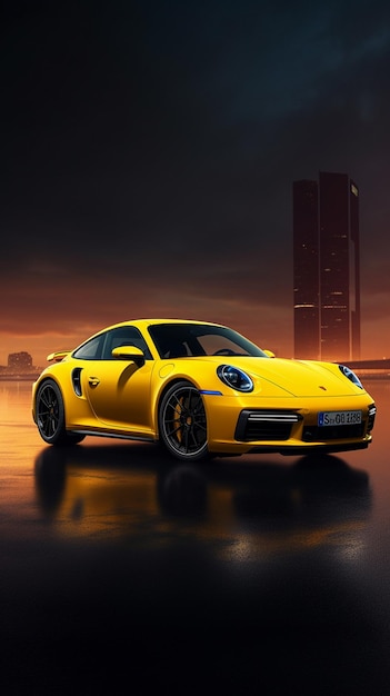 A yellow porsche 911 is parked in the rain.