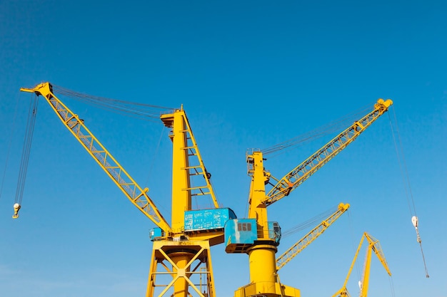 Yellow port cranes against the blue sky