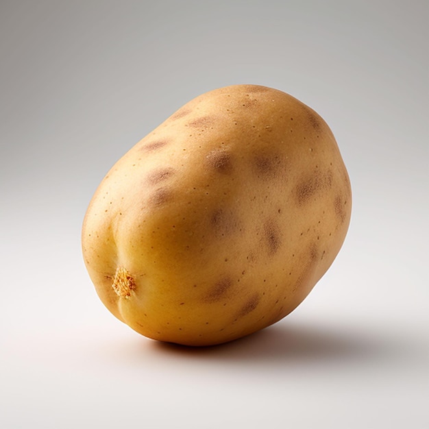 A yellow potato with brown spots is sitting on a white surface.