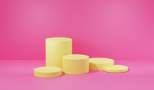 Yellow product background stand or podium pedestal on 5 empty display with pink pastel backdrops.