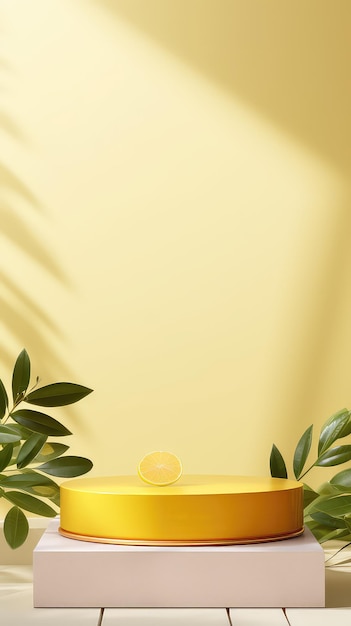 Yellow product display stand background with sunlight and leaves