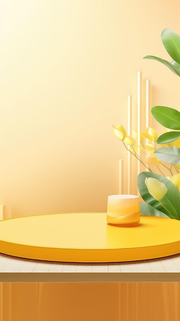 Yellow product display stand background with sunlight and leaves