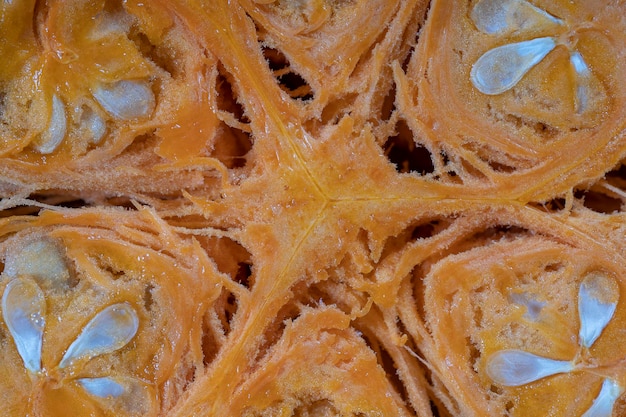 Yellow pumpkin cut in half with the texture of seeds and pulp Pumpkin slices background closeup top view